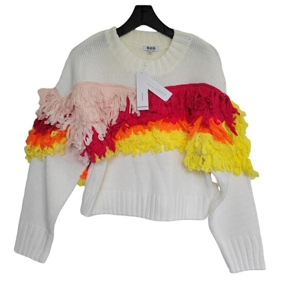 525 AMERICA Fringe Pullover Sweater White Multi | L - Picture 3 of 12